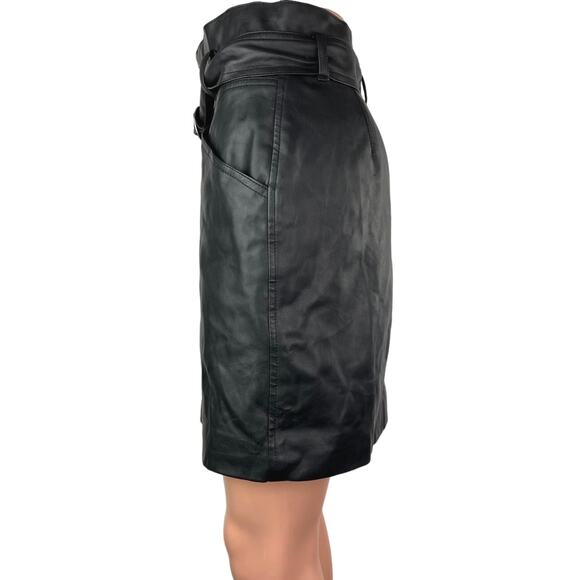 H&M Black Vegan Faux Leather Belted Pockets Paperbag Mini Pencil Skirt Size 4 - Picture 2 of 5